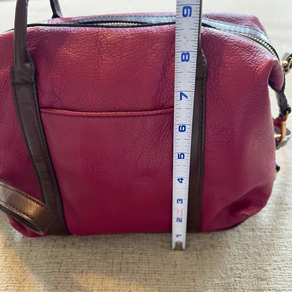 Fossil Magenta Pink Pebbled Leather Satchel Crossbody Bag Brown Trim Brass Purse